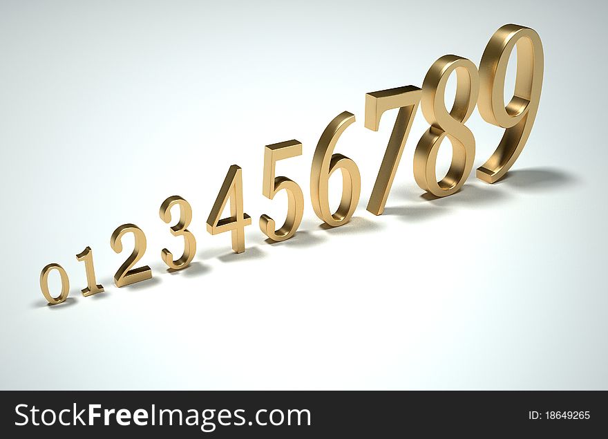 Golden numbers arranged in order - 3d render illustration. Golden numbers arranged in order - 3d render illustration