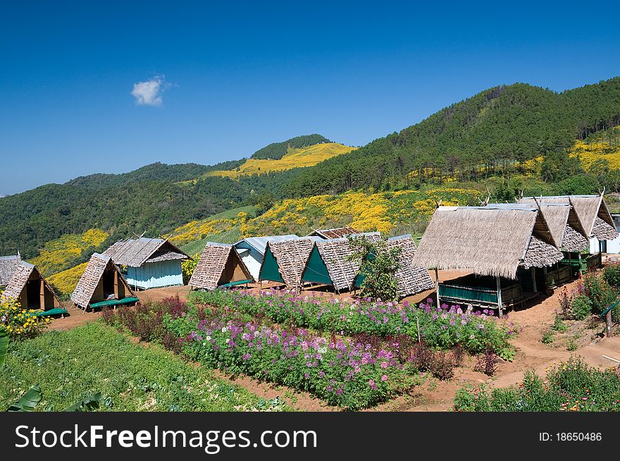 Cottages and mountain at northern of Thailand
