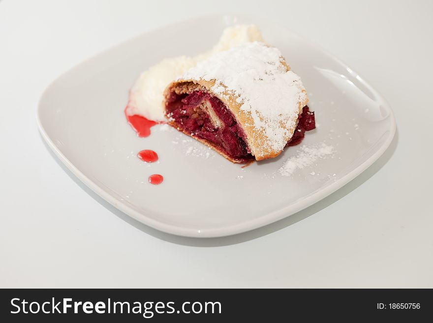 Cherry strudel closeup, Sweet pie with a berry