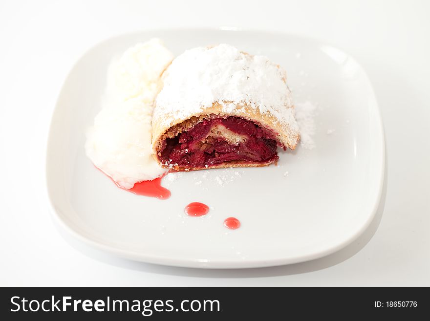 Cherry strudel closeup, Sweet pie with a berry