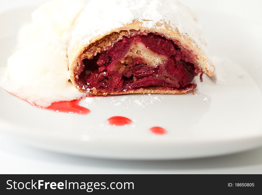 Cherry strudel closeup, Sweet pie with a berry