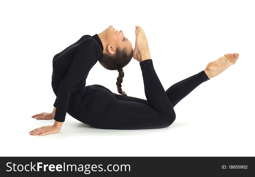 Studio photography of young professional gymnastic posing isolated on white with shadow. Studio photography of young professional gymnastic posing isolated on white with shadow