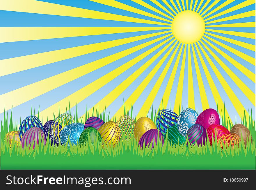 Easter card, eggs on grass at sunny day. Easter card, eggs on grass at sunny day