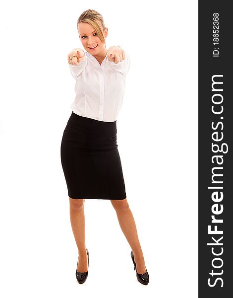 Business Woman in black skirt and white blouse pointing with both hands. Business Woman in black skirt and white blouse pointing with both hands