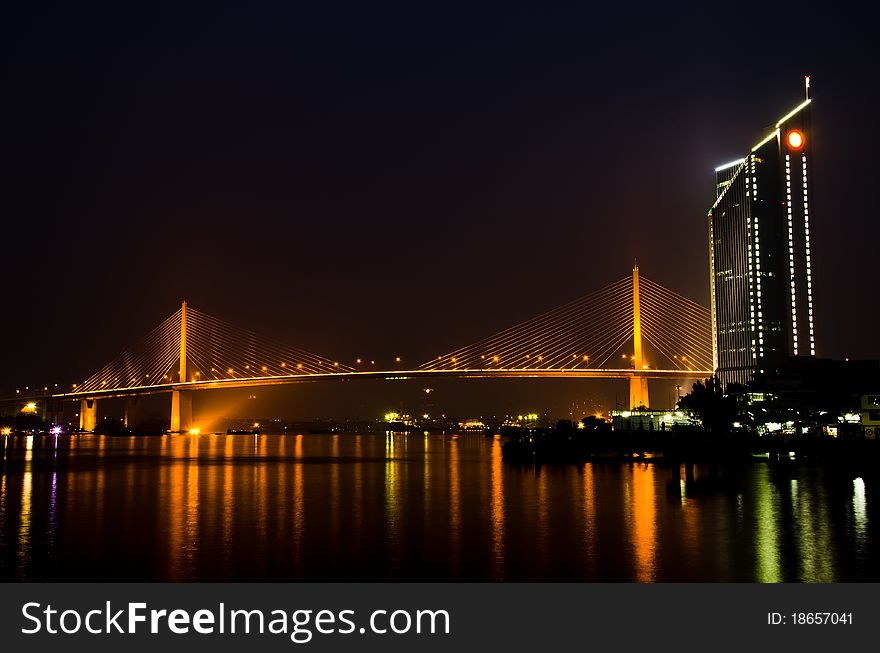 Suspension bridge across the Chao Phraya River, Bangkok, Thailand.