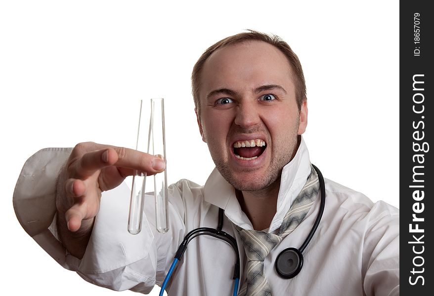 Mad doctor is holding two test tubes on a white background