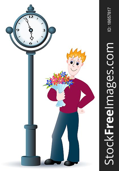 The boy with a bouquet waits near to clock. Vector cartoon illustration. The boy with a bouquet waits near to clock. Vector cartoon illustration..