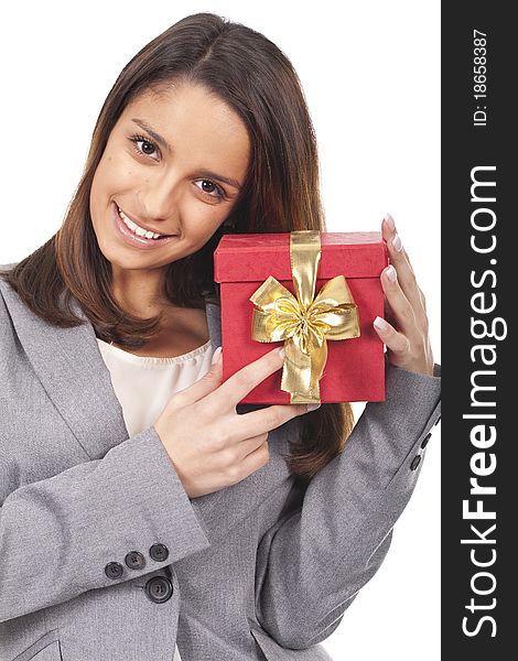 A beautiful woman holding a red gift box