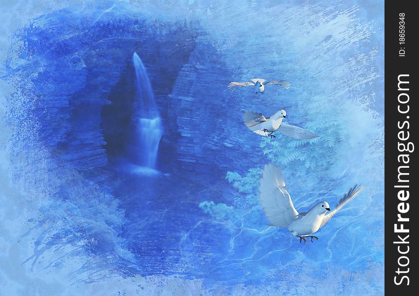 A cool waterfall and three doves complete this digital painting - photos, 3d renders and painting were all created by me. The waterfall was photographed in Watkins Glen, New York. A cool waterfall and three doves complete this digital painting - photos, 3d renders and painting were all created by me. The waterfall was photographed in Watkins Glen, New York.