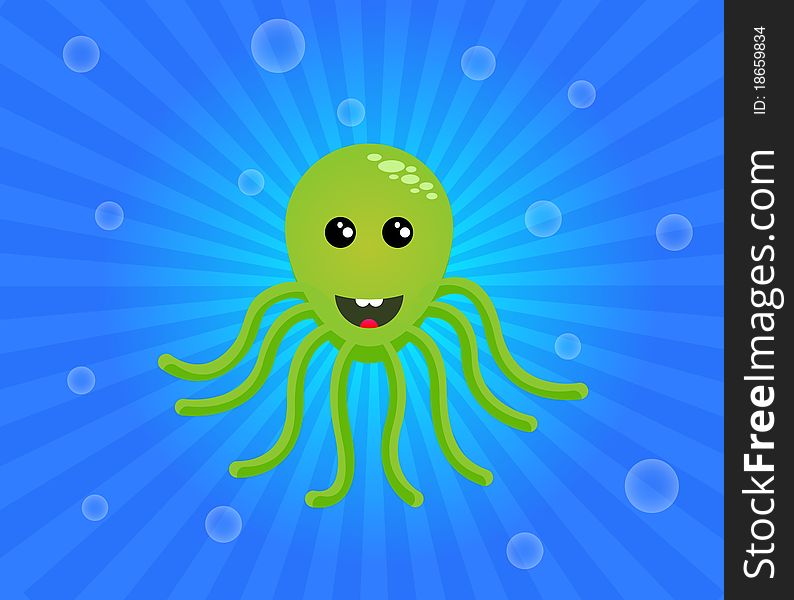 Green octopus on a blue, like water, striped background with bubbles.
