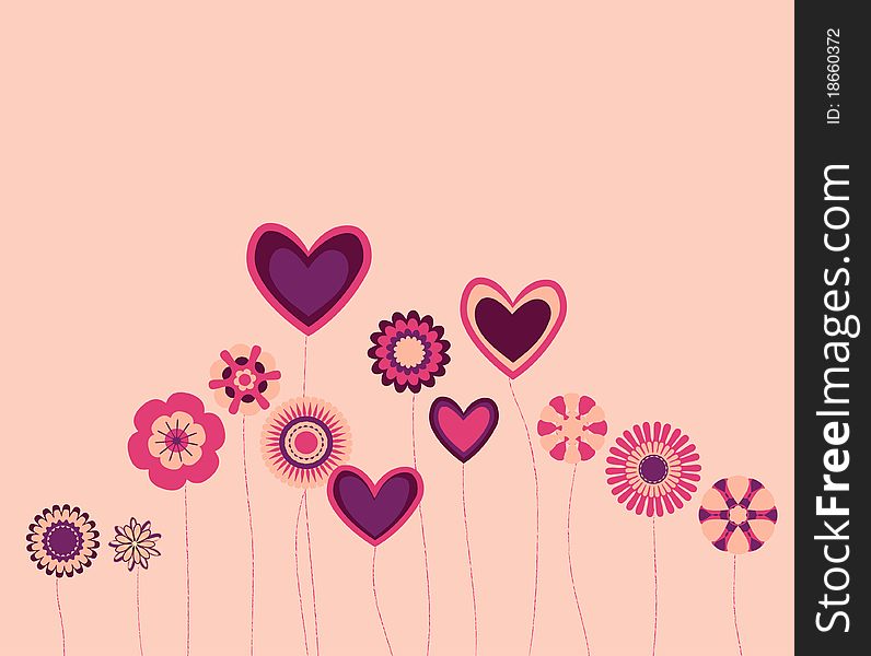 Group of abstract flowers and hearts