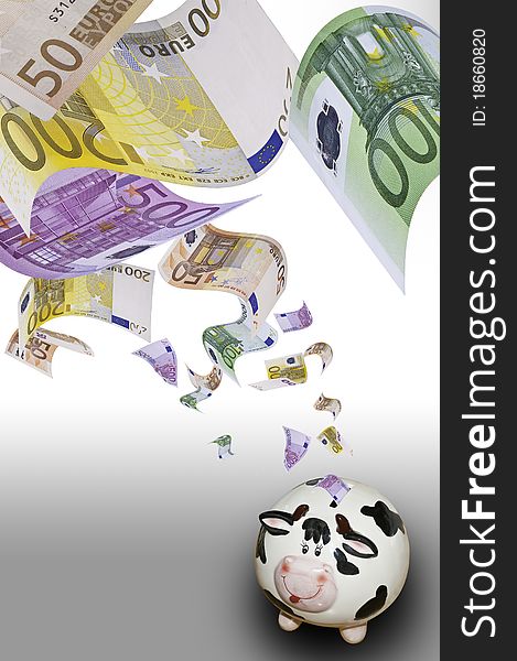This image shows a ceramic piggy bank in introducing many banknotes. This image shows a ceramic piggy bank in introducing many banknotes