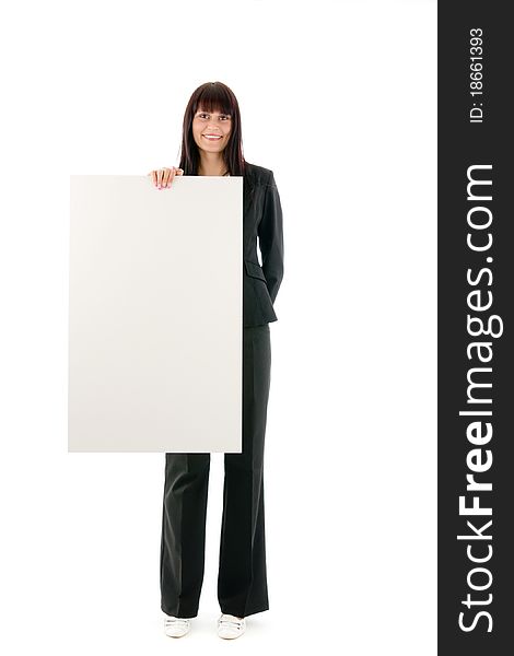 Woman and blank space, on white background.