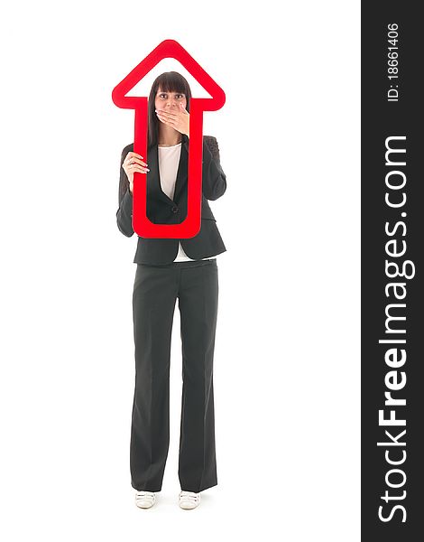 Woman indicant up red arrow, sign positive making, on white background. Woman indicant up red arrow, sign positive making, on white background.