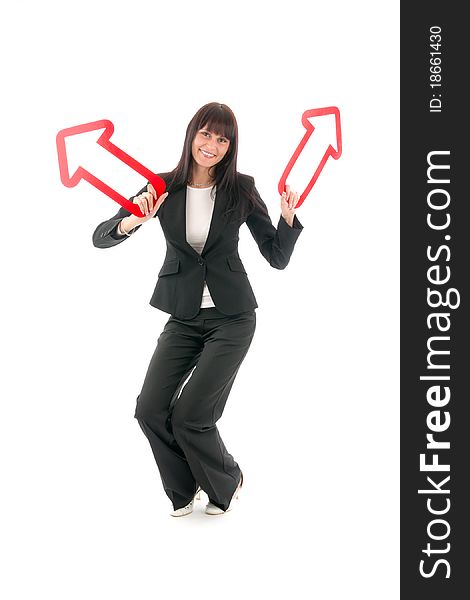 Businesswoman directory red arrow, on white background. Businesswoman directory red arrow, on white background.