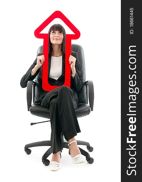 Businesswoman sits in headchair with red upward arrow, on white background. Businesswoman sits in headchair with red upward arrow, on white background.