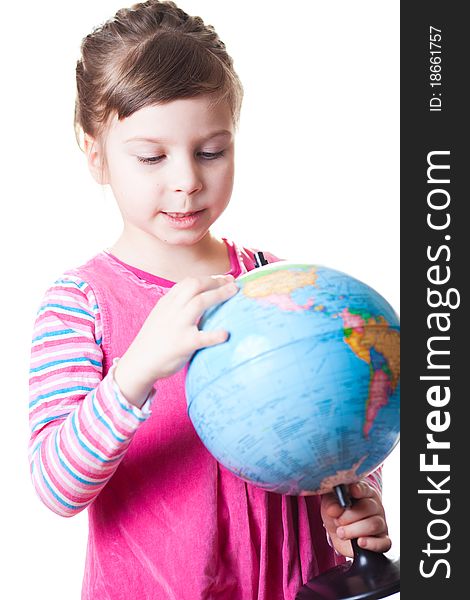 Girl holding globe. Isolated on white