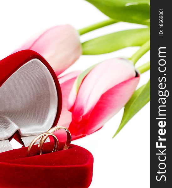 Beautiful spring tulips and wedding rings. Postcard