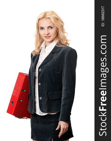 Business girl with a red office folder on a white background. Business girl with a red office folder on a white background