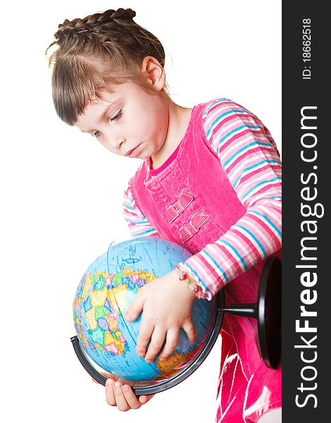 Girl holding globe. Isolated on white