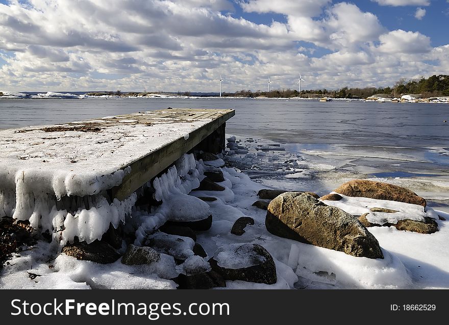Frosty bridge on Baltic coast