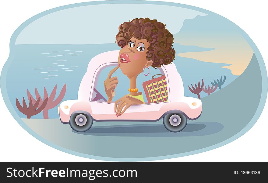 Brunette on a pink car is going to rest to the sea. Brunette on a pink car is going to rest to the sea