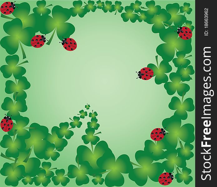 Illustration of a shamrock frame with ladybugs