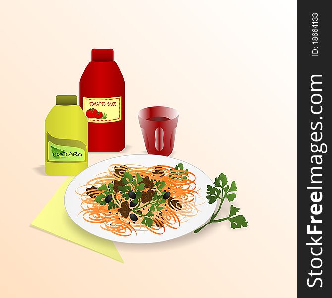 Plate with spaghetti, bottles with ketchup and mustard, glass of wine, parsley leaves, vector format. Plate with spaghetti, bottles with ketchup and mustard, glass of wine, parsley leaves, vector format