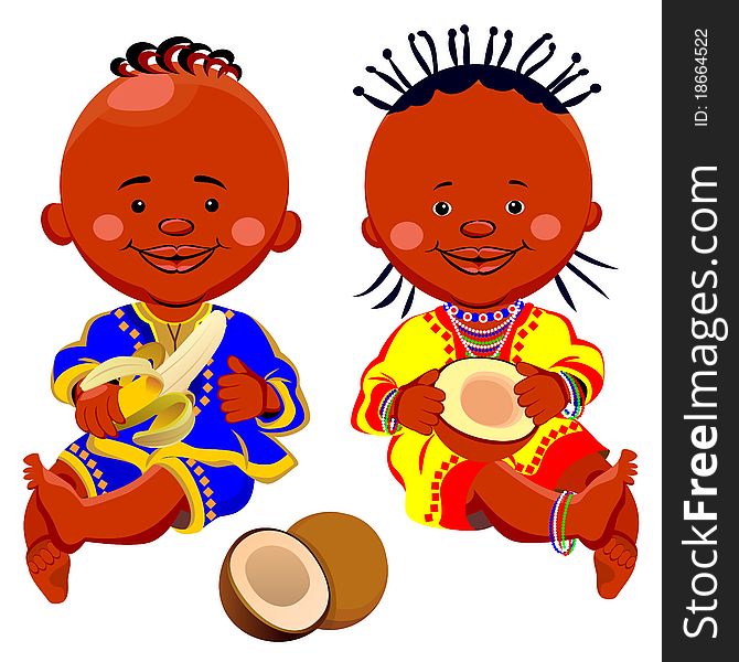 Vector african black baby girl and boy in national costumes. Vector african black baby girl and boy in national costumes