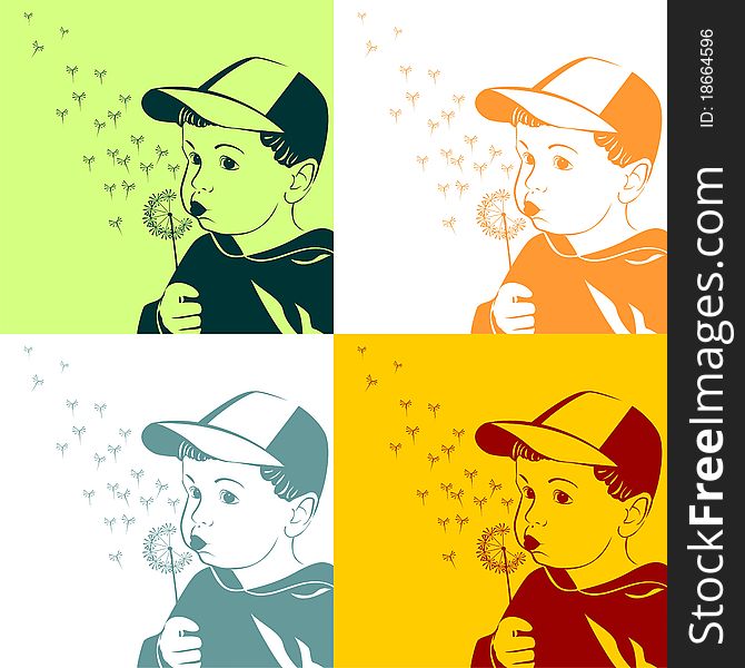 Vector little boy blowing on a dandelion, four color options. Easily edited.