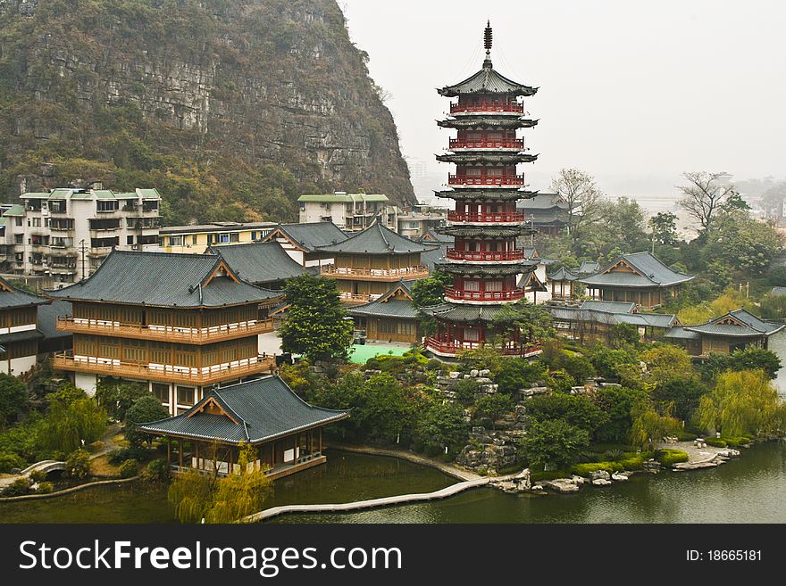 Traditional chinese arhitecture on display in guilin city park. Traditional chinese arhitecture on display in guilin city park