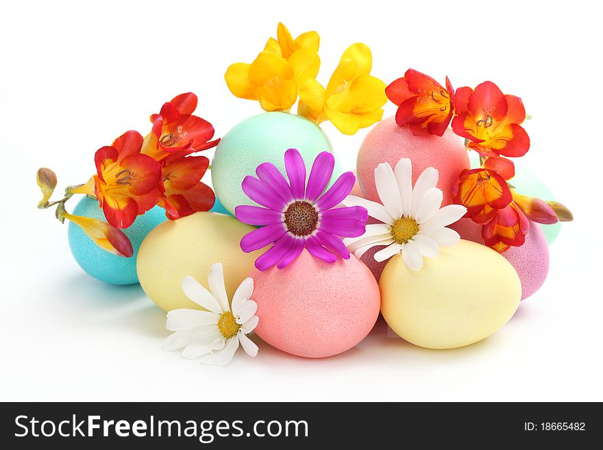 Colorful Easter Eggs With Spring Flowers