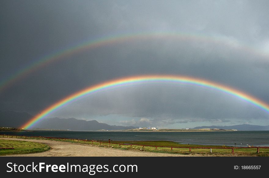 Double rainbow over town of Ushuaia. Double rainbow over town of Ushuaia