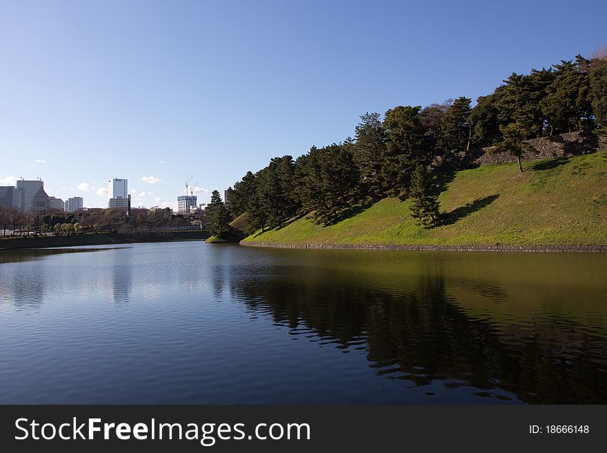 Japan Imperial palace's River and hill