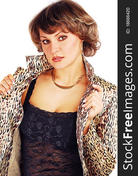 Portrait of attractive young woman in leopard suite isolated on the white. Portrait of attractive young woman in leopard suite isolated on the white.