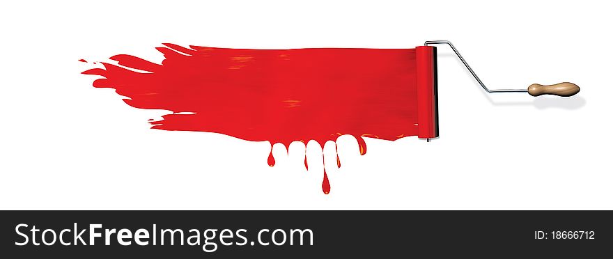 Red paint roller on white wall