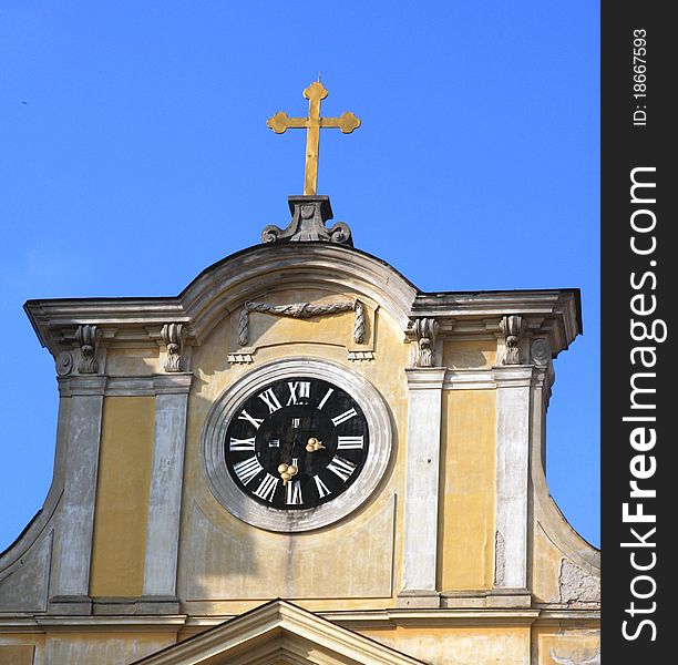 Close up of St. Ladislaus Church Tower in Oradea, Romania