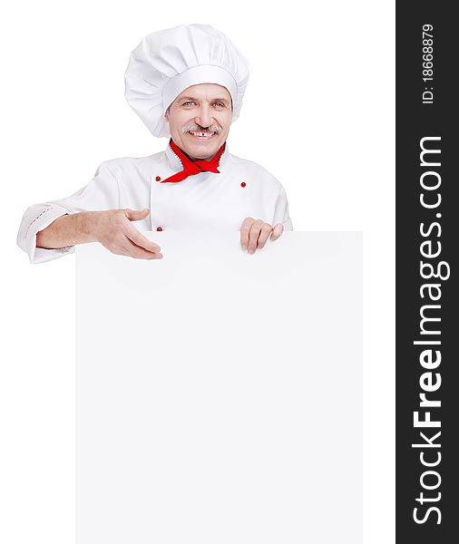 Senior chef in white uniform with blank sign, studio shot