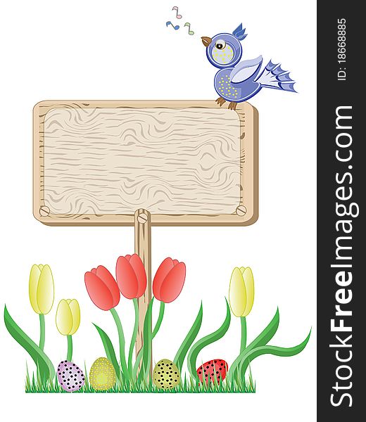 Easter wooding background with blue bird. Easter wooding background with blue bird