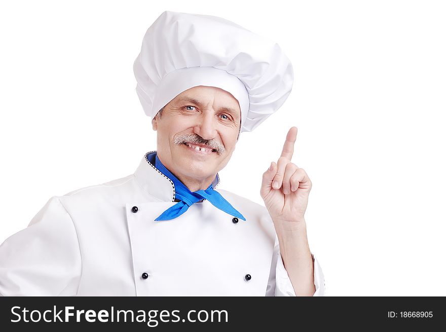 Senior chef in white uniform with finger up isolated on white