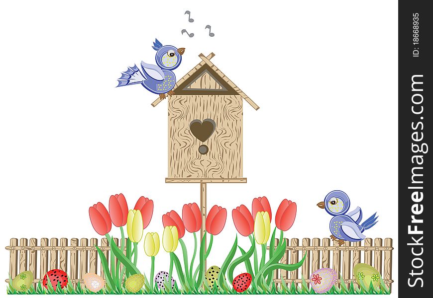 Easter background with blue birds fence and birdhouse