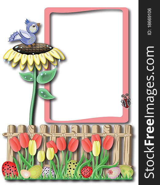 Easter background-frame with blue bird and fence. Easter background-frame with blue bird and fence