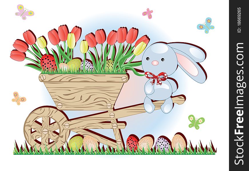 Easter :wooding handcart with flowers and bunny. Easter :wooding handcart with flowers and bunny