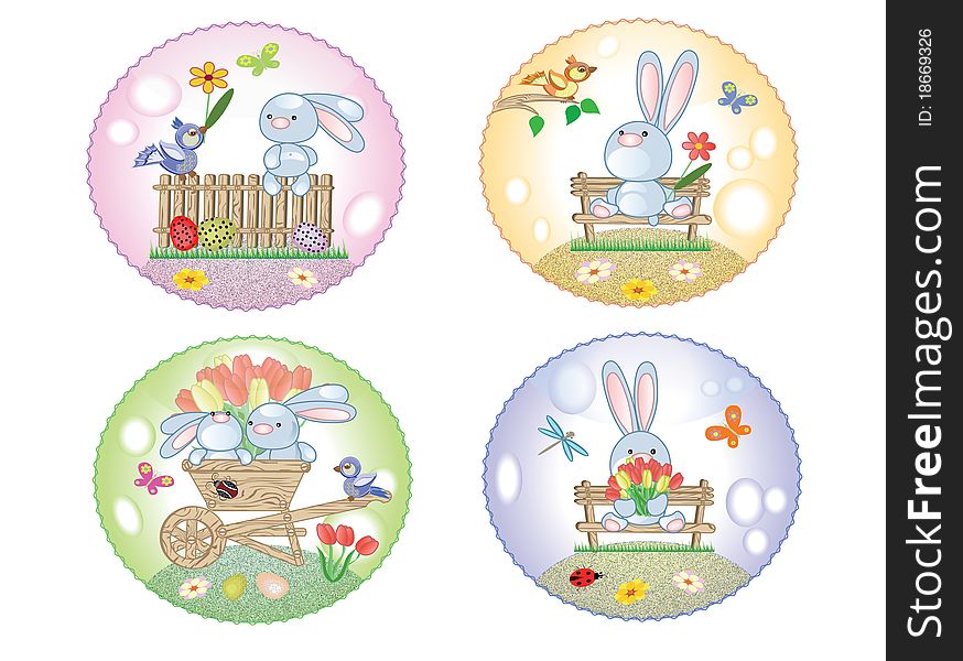 Easter icons with bunnies insects and birds