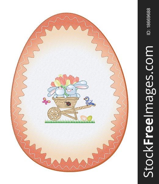 Easter background-egg with blue bunnies in the handcart and bird. Easter background-egg with blue bunnies in the handcart and bird