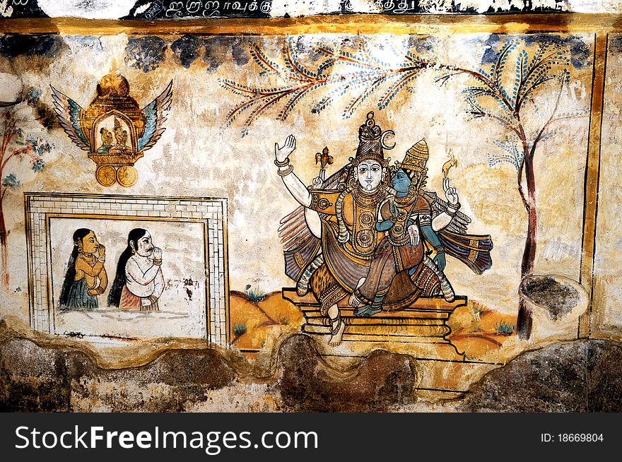 Beautiful and colorful fresco paintings in temple wall