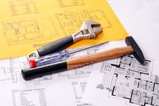 Tools On Blueprints House Project Stock Photos Tools On Blueprints House Project Stock Photos