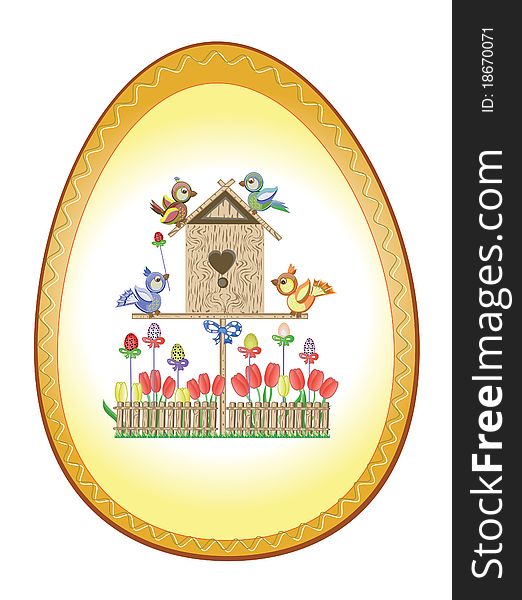 Easter background -egg with birds ,fence and birdhouse. Easter background -egg with birds ,fence and birdhouse