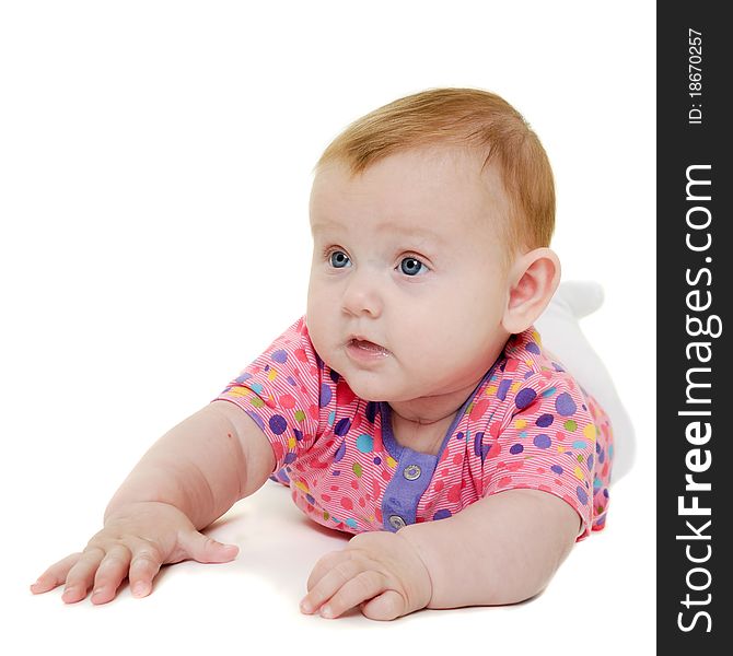 A sweet happy baby 3 month young. Resting on af white background.