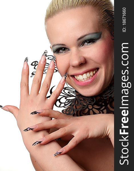 Girl with beautiful nails and openwork lace. Girl with beautiful nails and openwork lace